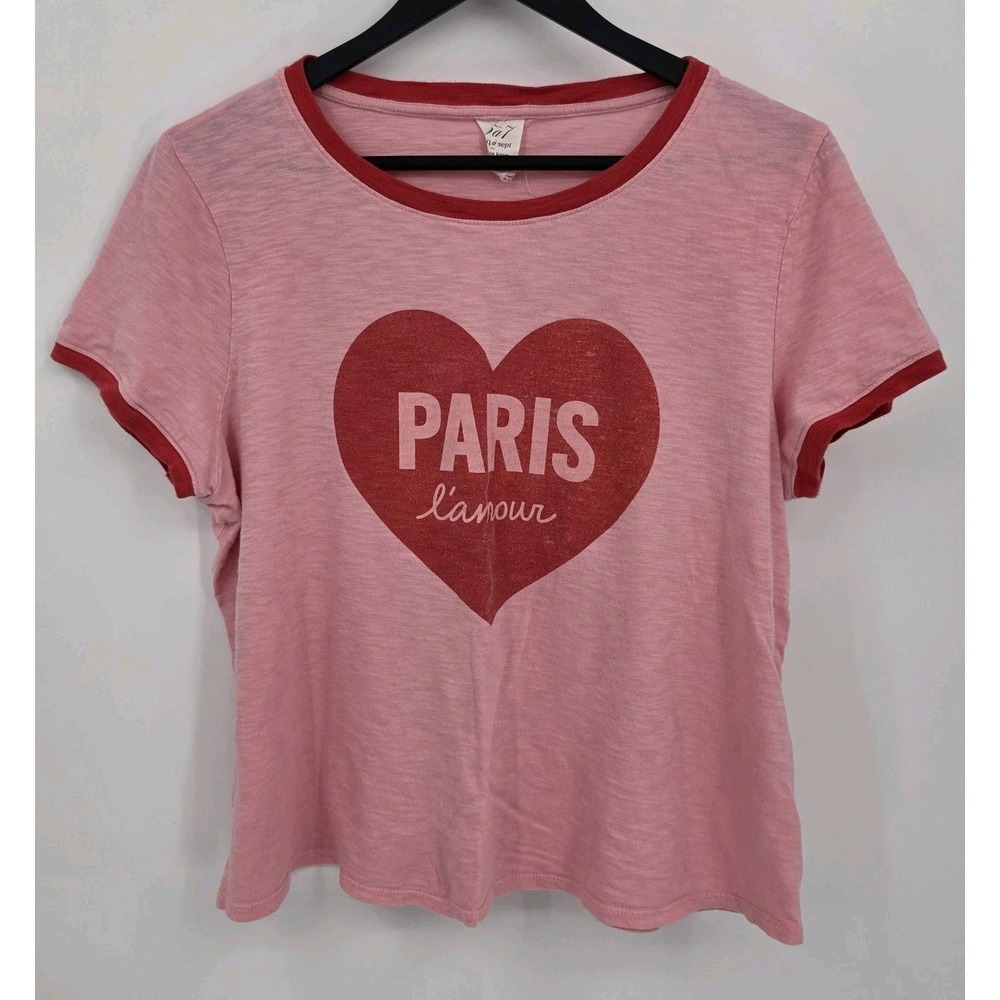 Cinq A Sept Paris L'Amour Heart Shrunken Ringer Tee Slub Knit Cotton Sz M Pink